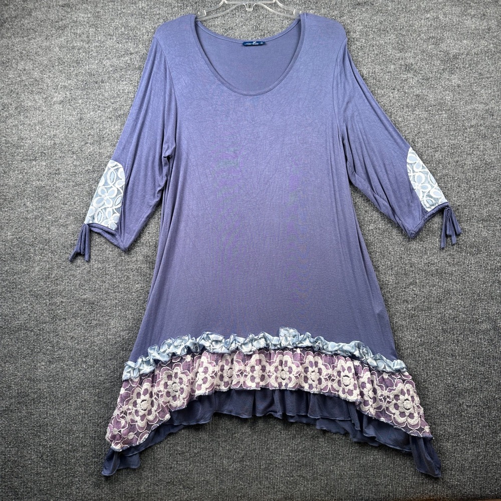 Aster Blue Firmiana Women XL Purple Lace Ruffle Sharkbite Tunic Top Stretch